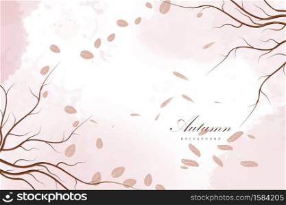 Autumn with dry branches and leaf pink watercolor background.