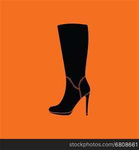 Autumn woman high heel boot icon. Orange background with black. Vector illustration.