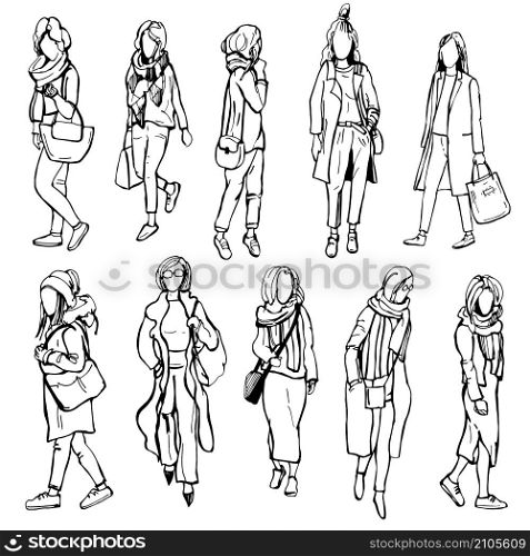 Autumn women&rsquo;s fashion. Hand drawn girls on white background.Vector sketch illustration.. Hand drawn girls.Vector illustration.
