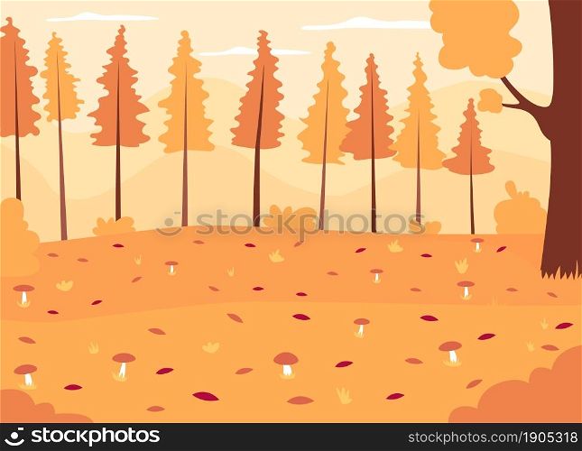 Autumn woods flat color vector illustration. Seasonal landscape with growing mushrooms. Panoramic autumnal countryside. Fall forest 2D cartoon landscape with no people on background. Autumn woods flat color vector illustration