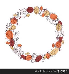 Autumn wreath of leaves. Vector sketch illustration. Vector background with hand drawn autumn leaves