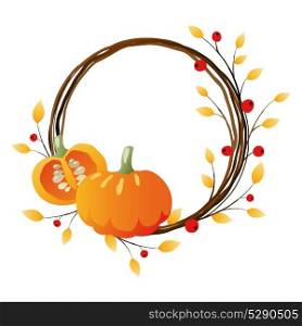 Autumn wreath with pumpkins on white background