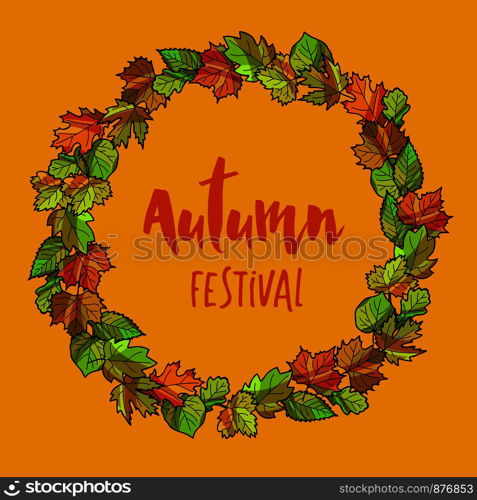 Autumnal or fall round frame background. Wreath of autumn leaves. Vector illustration.. Autumnal or fall round frame background. Wreath of autumn leaves