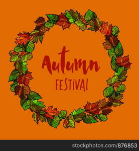 Autumnal or fall round frame background. Wreath of autumn leaves. Vector illustration.. Autumnal or fall round frame background. Wreath of autumn leaves