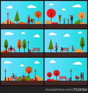 Autumnal park with people walking along streets vector. Empty wooden bench and trees, family strolling with buggy and kid. Freelancer working on pc. Autumnal Park with People Walking Along Streets
