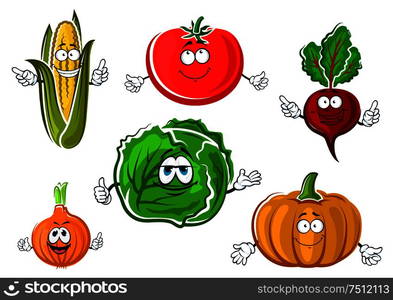 Autumnal red tomato, corn cob, onion, cabbage, beet and orange pumpkin vegetables cartoon characters for vegetarian food or agriculture themes. Happy autumnal vegetable cartoon characters