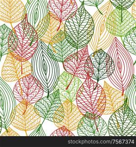 Autumnal stylized leaves seamless background pattern in the colors of autumn with a busy design in square format