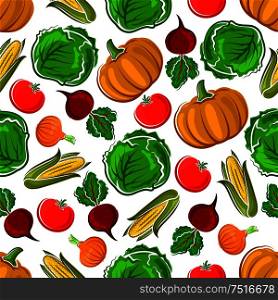 Autumnal vegetables seamless pattern with orange pumpkins and corn cobs, ripe red tomato and juicy beet, green cabbage and spicy onion on white background. Vegetarian food, farming, agriculture themes design. Ripe autumnal veggies seamless pattern