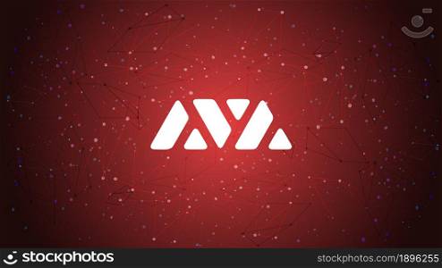 Avalanche AVAX token symbol of the DeFi project cryptocurrency theme on red polygonal background. Cryptocurrency coin logo icon. Decentralized finance programs. Vector illustration.