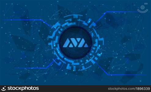 Avalanche AVAX token symbol of the DeFi project in digital circle with cryptocurrency theme on blue background. Cryptocurrency coin icon. Decentralized finance programs. Vector illustration.
