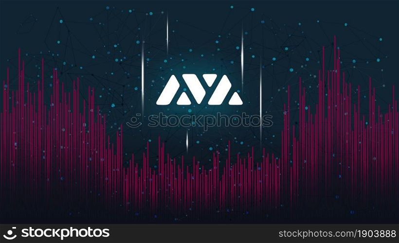 Avalanche AVAX token symbol of the DeFi project on dark polygonal background with wave of lines. Cryptocurrency coin logo icon. Decentralized finance programs. Vector illustration.