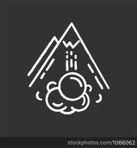 Avalanche chalk icon. Sudden snowslide, landslide. Unexpected landslip. Glacier displacement. Snow and ice falling down mountain side. Natural disaster. Isolated vector chalkboard illustration