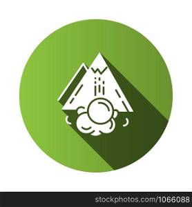 Avalanche green flat design long shadow glyph icon. Sudden snowslide, landslide. Unexpected landslip. Snow and ice falling down mountain side. Natural disaster. Vector silhouette illustration