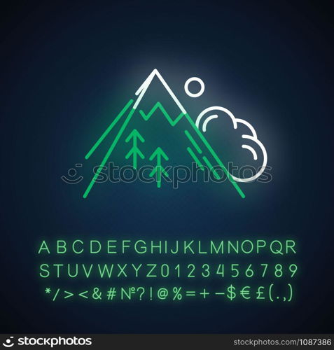 Avalanche neon light icon. Sudden landslip. Unexpected snowslide. Mass of snow and ice falling down mountain side. Glowing sign with alphabet, numbers and symbols. Vector isolated illustration