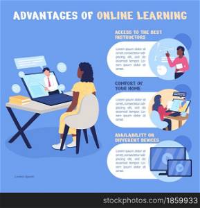 Avantages of online learning flat color vector infographic template. Poster with text, PPT page concept design with cartoon characters. Creative data visualization. Info banner idea. Avantages of online learning flat color vector infographic template
