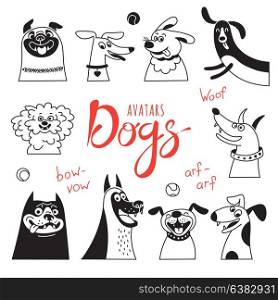 Avatar dogs. Funny lap-dog, happy pug, cheerful mongrels and other breeds.. Avatar dogs. Funny lap-dog, happy pug, cheerful mongrels and other breeds. Vector illustration.