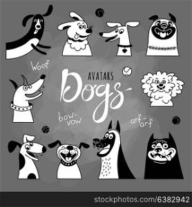 Avatar dogs. Funny lap-dog, happy pug, cheerful mongrels and other breeds.. Avatar dogs. Funny lap-dog, happy pug, cheerful mongrels and other breeds. Vector illustration.