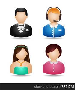 Avatar icons of man and woman in evening cocktail party and casual work wear isolated vector illustrations