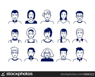 Avatar line icons. Hand drawn people cartoon faces, cute boys and girls teen persons, modern vector male and female avatars. Flat illustration funny outline man for individual image design. Avatar line icons. Hand drawn people cartoon faces, cute boys and girls teen persons, modern vector male and female avatars