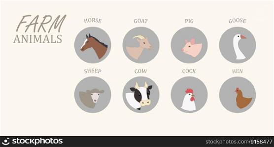 Avatar of farm animals, cow, pig, horse, sheep, goat, chicken, goose, poultry, vector illustration, sketch style set of animals realistic animal products School cards. Heads of farm animals, cow, pig, horse, sheep. goat, chicken, goose, poultry, sketch style set with animals, realistic animals set for educational purpuse.