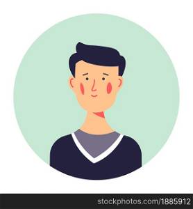Avatar of male character of young age, isolated portrait of teenager in sweater. Personage photo for social media or cv, student of high school or university college. Friendly guy vector in flat. Portrait of teenage boy, teenager photo or avatar