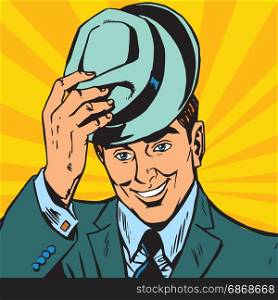 avatar portrait gentle man raises his hat. Pop art retro vector illustration. avatar portrait gentle man raises his hat