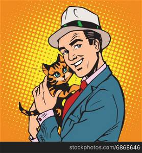 avatar portrait man with a kitten. Pop art retro vector illustration. avatar portrait man with a kitten