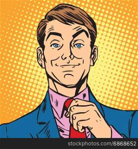 avatar portrait of a man straightens his tie. Pop art retro vector illustration. avatar portrait of a man straightens his tie