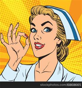 avatar portrait of a nurse OK gesture. Pop art retro vector illustration. avatar portrait of a nurse OK gesture