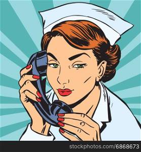 avatar portrait of a nurse with the phone. Pop art retro vector illustration. avatar portrait of a nurse with the phone