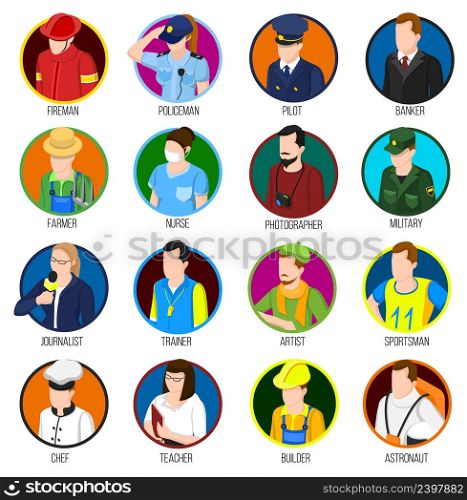 Avatar profession collection of sixteen isolated round user images and uniformed human characters with text captions vector illustration. Avatar Professions Icon Set