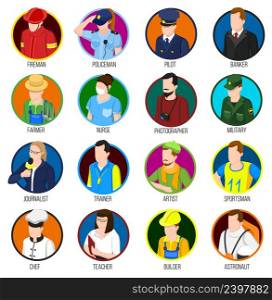 Avatar profession collection of sixteen isolated round user images and uniformed human characters with text captions vector illustration. Avatar Professions Icon Set
