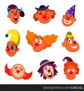 Avatar set of funny clowns with different emotions. Collection of clown face character. Vector illustration. Avatar set of funny clowns with different emotions