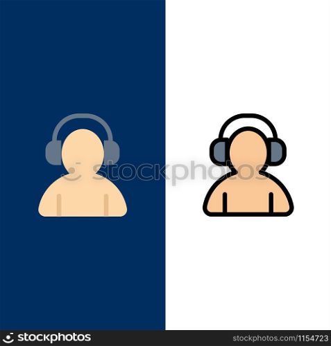 Avatar, Support, Man, Headphone Icons. Flat and Line Filled Icon Set Vector Blue Background