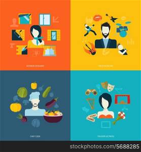 Avatars icons set flat with interior designer rock musician chef cook theater actress isolated vector illustration
