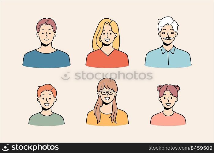 Avatars of diverse people set. Collection of younger and older person faces. Diversity and equality. Vector illustration.. Set of diverse people faces