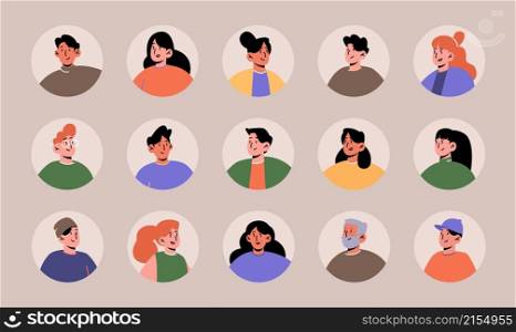 Avatars set with people face for social media or profile in app. Vector flat collection of men and women heads in circle frame, female and male characters portraits with different hairstyle. Avatars set with people face for social media