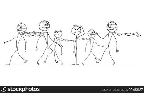 Average man thinking in crowd of confident superheroes, vector cartoon stick figure or character illustration.. Average Man in Crowd of Confident Superheroes , Vector Cartoon Stick Figure Illustration