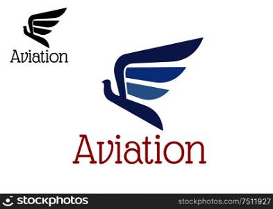 Aviation abstract icon or emblem with blue eagle silhouette in flight isolated on white background. For transportation or aircraft design. Aviation blue abstract icon or emblem