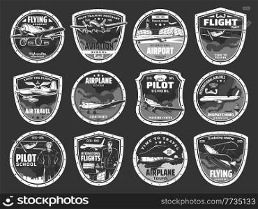 Aviation academy and airline airport icons set. Individual air tours, dispatching service emblem or badge. Passenger airliner, vintage propeller monoplane and biplane aircraft vector. Aviation school, air tour and airline vector icons