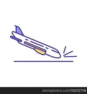 Aviation accident RGB color icon. Air disasters. Airplane crashes. Pilot error. Maintenance failures, inclement weather. Unforeseen plane hazards. Aircraft hitting land. Isolated vector illustration. Aviation accident RGB color icon