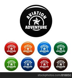 Aviation adventure icons set 9 color vector isolated on white for any design. Aviation adventure icons set color