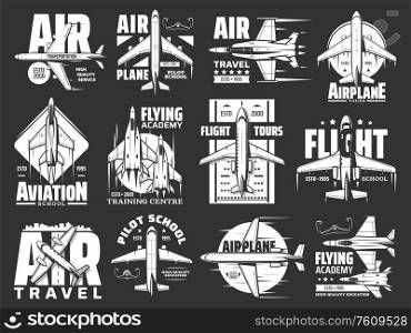 Aviation, air travel and airplane vector icons. Flight tours and aircraft pilot school badge, military aviation and air transport academy, flying training center and airlines passenger service company. Air travel, pilot flight school and aviation icons