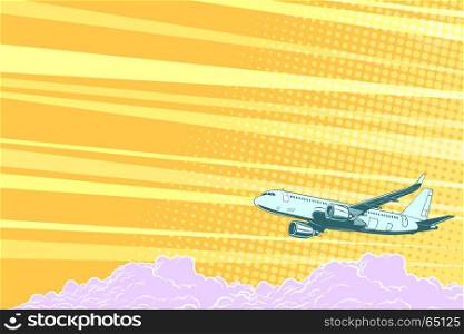 Aviation aircraft flying above the clouds, vector background. Airplane aviation travel voyage tourism air transport. Pop art retro vector illustration. Aviation aircraft flying above the clouds, vector background