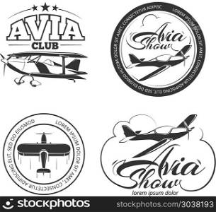 Aviation, airplane vector badges, logos, emblems, labels. Aviation and airplane vector logo set. Avia club badges, avia show emblems and avia travel labels vector