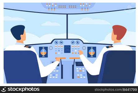 Aviation and flight concept. Airplane pilots and copilot navigating plane from cabin. Airplane crew at control panel. Vector illustration for travel, transport, airlines topics