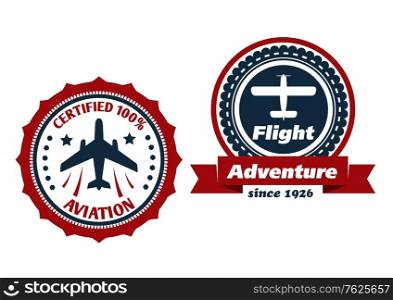 Aviation and flight symbols with airplane, stars, banner and text in retro and modern variants. Isolated over white background