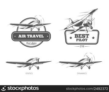 Aviation badges logos and emblems labels. Aircraft and plane, pilot and travel, vector illustration. Aviation vector badges, logos, emblems, labels