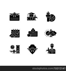 Aviation black glyph icons set on white space. Air traffic control. Getting pilot license. Aviation safety. Aircraft rental. aeronautical meteorology. Silhouette symbols. Vector isolated illustration. Aviation black glyph icons set on white space