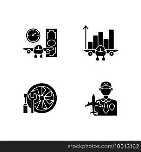 Aviation black glyph icons set on white space. Aircraft maintenance. Aviation security and fligts safety. Budget analysis. Aircraft rental. Silhouette symbols. Vector isolated illustration. Aviation black glyph icons set on white space